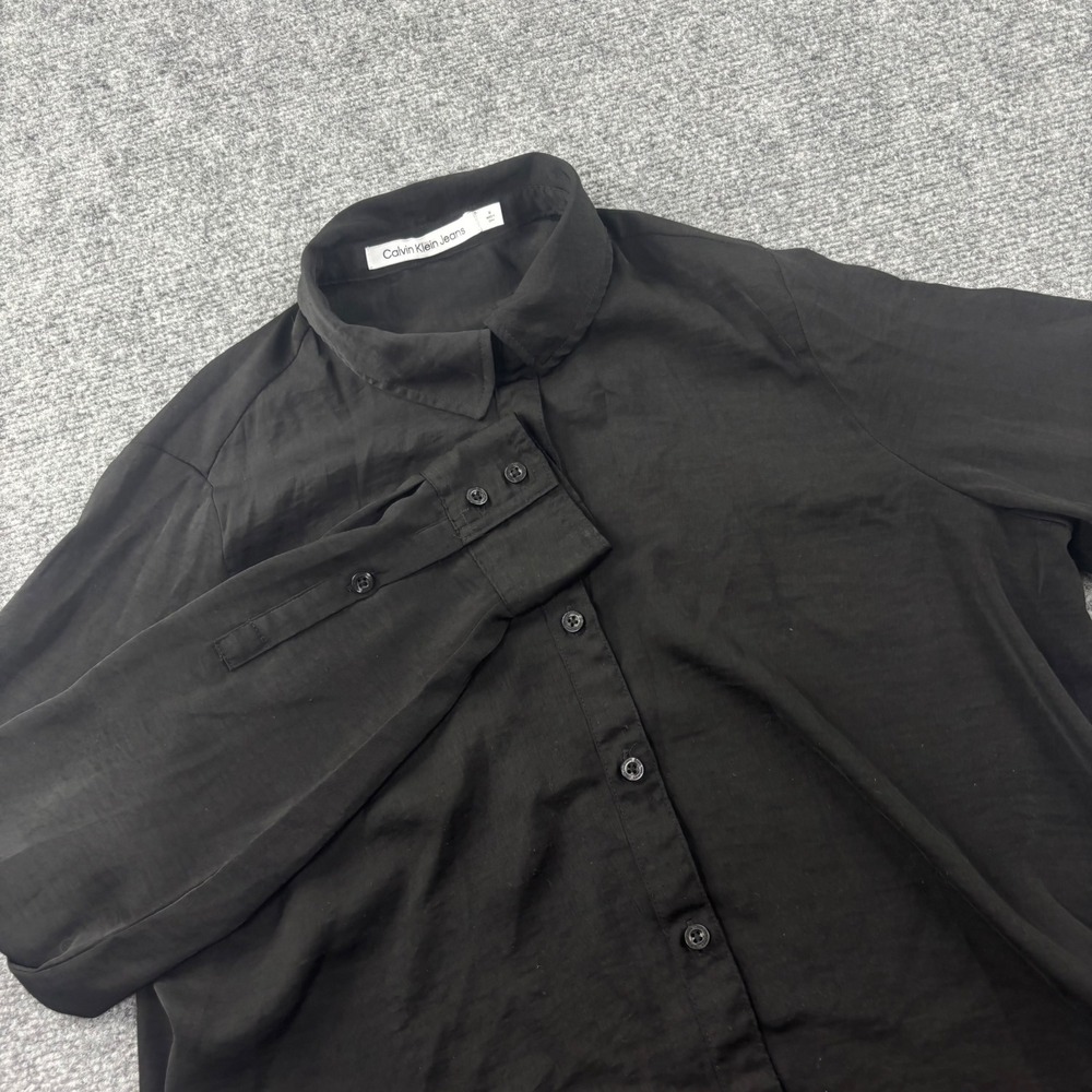 Calvin‎ Klein Jeans Button Up Shirt Medium Black Long Sleeve Polyester Mens
